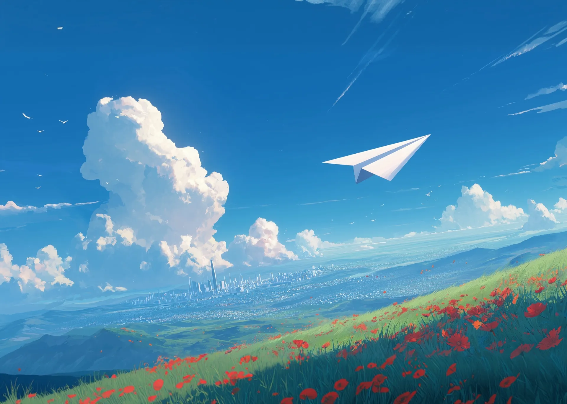 Cinematic sky with a paper plane over a valley